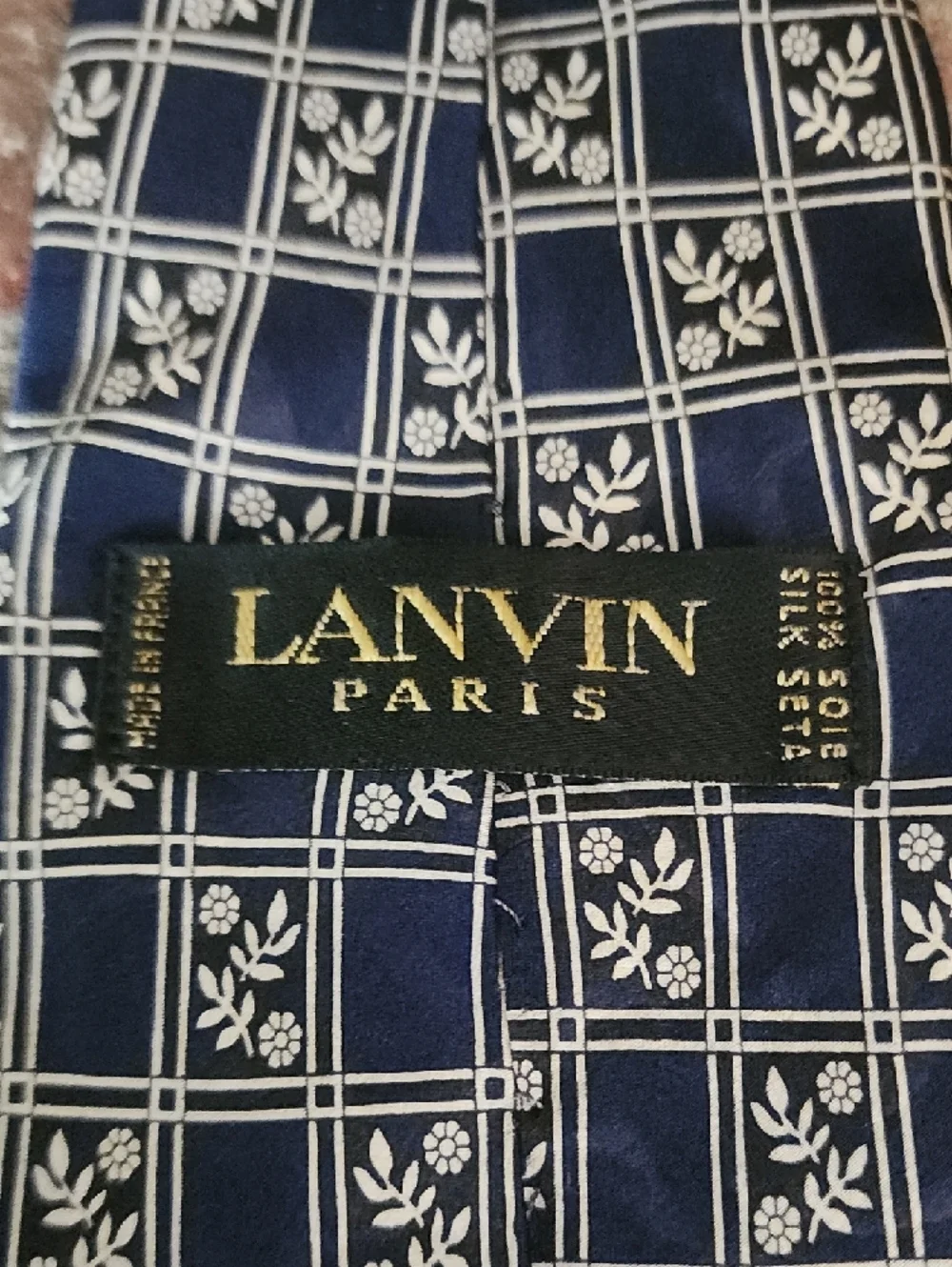 Lanvin Paris Silk Tie Navy Blue White Floral Grid Designer Necktie Italy